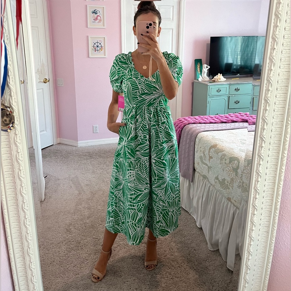 Tabitha Brown Linear Floral Balloon Sleeve Tie-back Dress. Size 0.